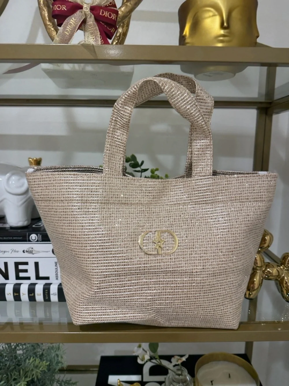 Dior Small Gold Straw Tote with Metallic Gold Handles - Picture 7 of 14